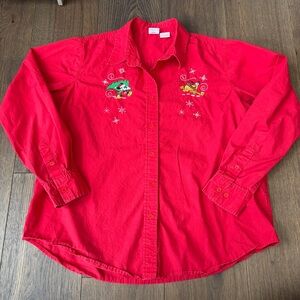 Vintage Women's Disney Mickey Mouse Pluto Christmas Button Front Shirt Size XL